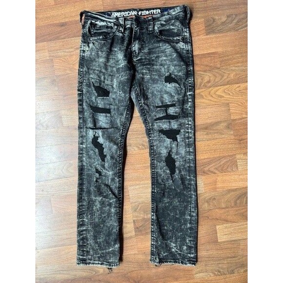 American Fighter Striker Jeans Mens 31 (31x33) Black Relaxed Straight Distressed - Picture 1 of 16